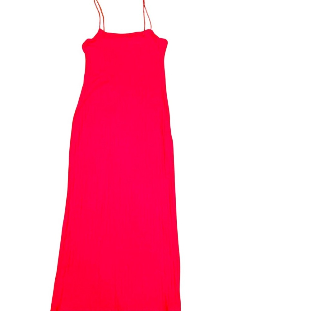 ZARA Dress Womens Size M Hot Pink Ribbed Knit Maxi Slip Spaghetti Straps